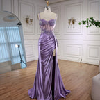 Luxury Mint Green Satin Beaded Prom Dress with Slit LA72995
