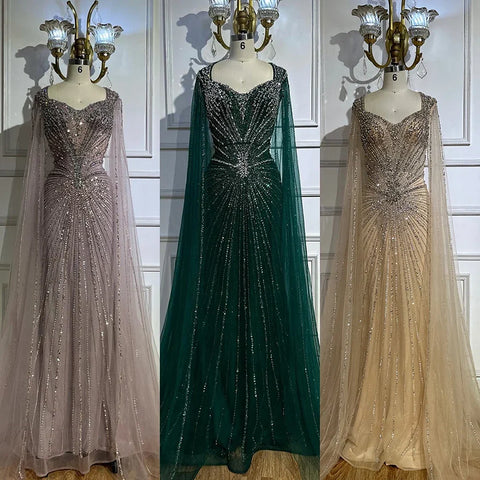 Robe de soirée arabe saoudienne à manches cape couleur chair, ornée de perles, pour une occasion spéciale, LA72575A, 2025