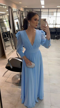 Robe de bal/soirée en mousseline bleu clair à manches longues Y5747