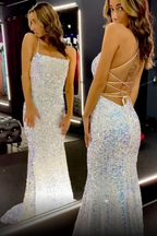 Robe de soirée sirène blanche à sequins et fines bretelles spaghetti Y8071