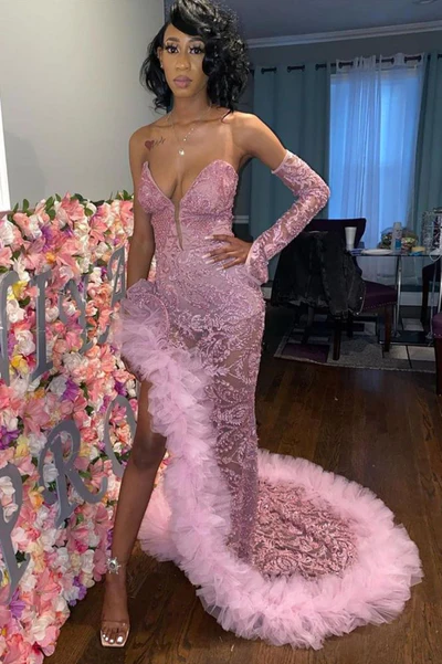 Vestidos de fiesta de tul rosa oscuro sexy | Vestido de noche con escote corazón y abertura profunda Y1739