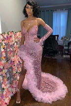 Vestidos de fiesta de tul rosa oscuro sexy | Vestido de noche con escote corazón y abertura profunda Y1739