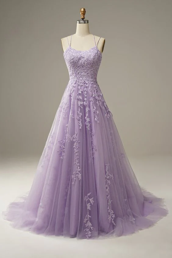 Robe de bal élégante lavande, robe de soirée trapèze ornée d'appliqués, Y1129