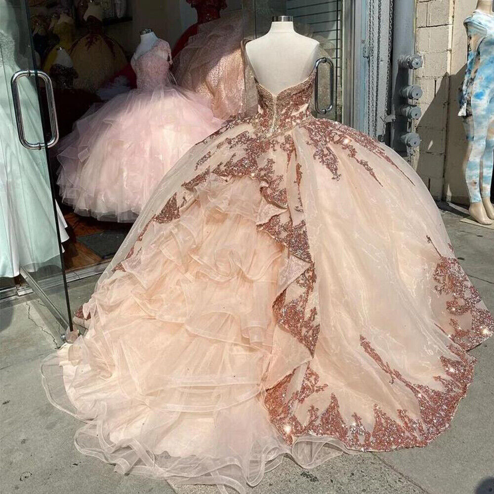 Robes de bal rose doré pour Sweet 16 (Quinceañera) avec sequins et appliques, décolleté cœur Y401