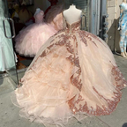 Robes de bal rose doré pour Sweet 16 (Quinceañera) avec sequins et appliques, décolleté cœur Y401