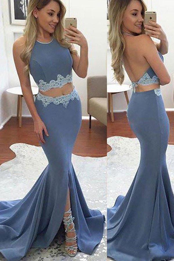 Vestido largo de fiesta de dos piezas en satén lavanda con cola de barrido y abertura frontal 