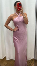 Vestido largo de fiesta rosa satinado sencillo con cuello halter, vestido de noche formal Y8450