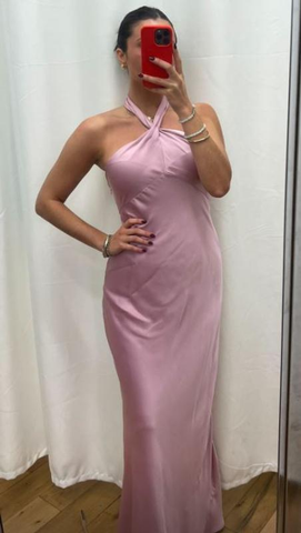 Simple Halter-Neck Pink Satin Long Prom Dress Formal Evening Dress Y8450