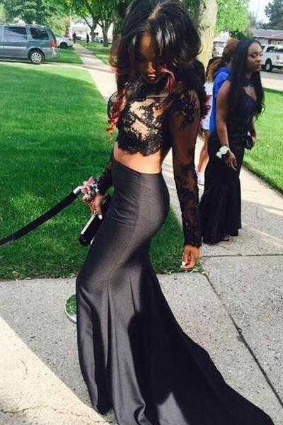 Two Pieces Long Prom Dresses, Mermaid Lace Formal Dress For Prom