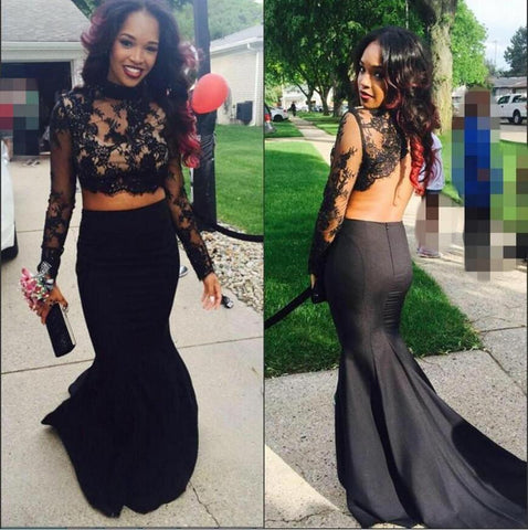 Two Pieces Long Prom Dresses, Mermaid Lace Formal Dress For Prom