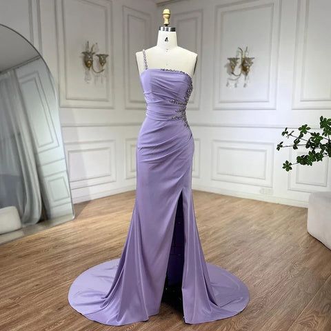 Robe de soirée élégante style sirène en satin lilas, asymétrique, avec perles, fente haute, style arabe, 2025, LA72331 