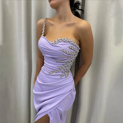 Robe de soirée élégante style sirène en satin lilas, asymétrique, avec perles, fente haute, style arabe, 2025, LA72331 