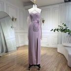 Vestido de noche de sirena rosa satinado con tirantes finos, cuentas, abertura alta y guantes LA72001 (2025) 