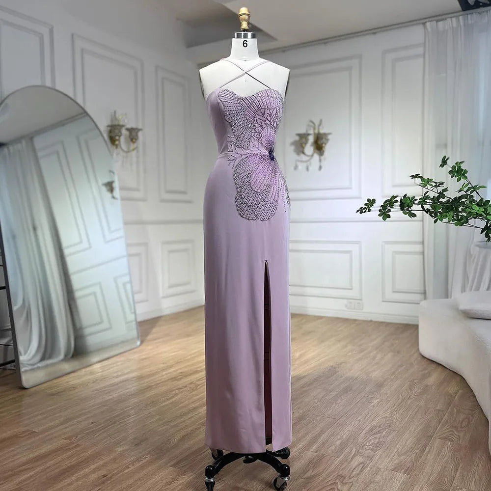 Vestido de noche de sirena rosa satinado con tirantes finos, cuentas, abertura alta y guantes LA72001 (2025) 