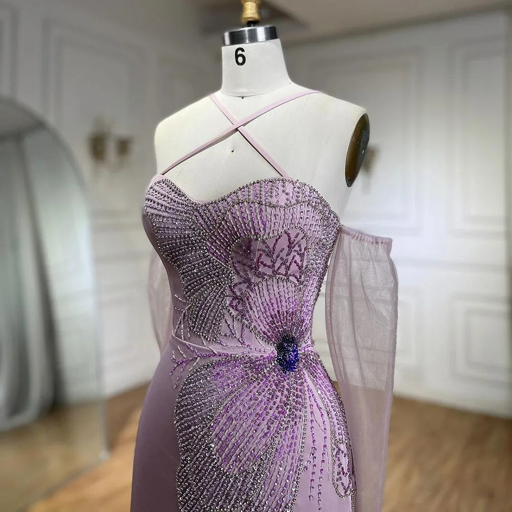 Vestido de noche de sirena rosa satinado con tirantes finos, cuentas, abertura alta y guantes LA72001 (2025) 