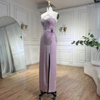 Vestido de noche de sirena rosa satinado con tirantes finos, cuentas, abertura alta y guantes LA72001 (2025) 