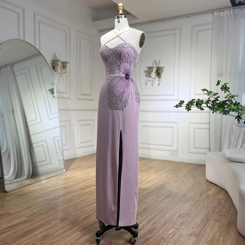 Robe de soirée sirène en satin rose 2025, bretelles spaghetti, perles, fente haute et gants, LA72001 