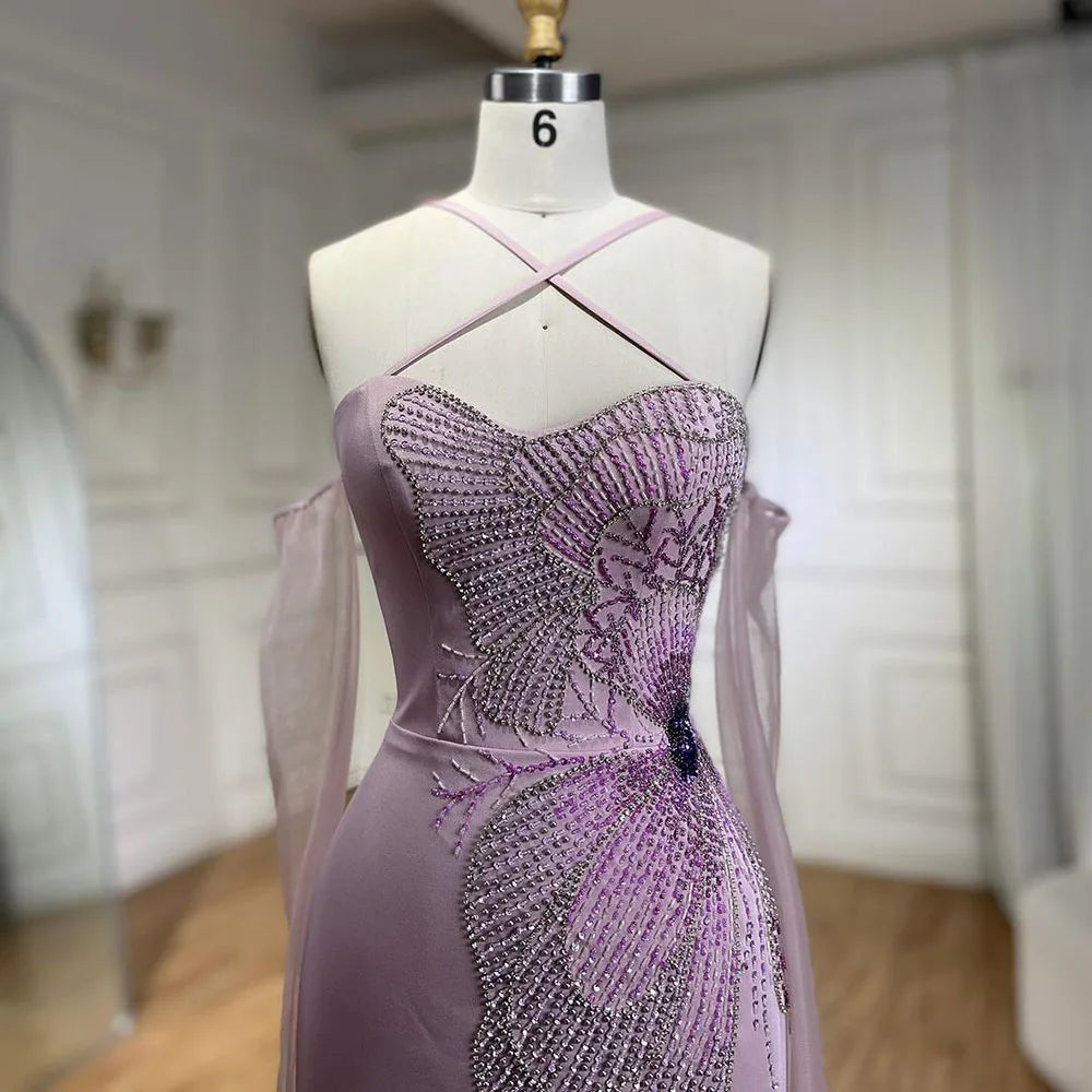 Vestido de noche de sirena rosa satinado con tirantes finos, cuentas, abertura alta y guantes LA72001 (2025) 