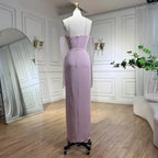 Vestido de noche de sirena rosa satinado con tirantes finos, cuentas, abertura alta y guantes LA72001 (2025) 