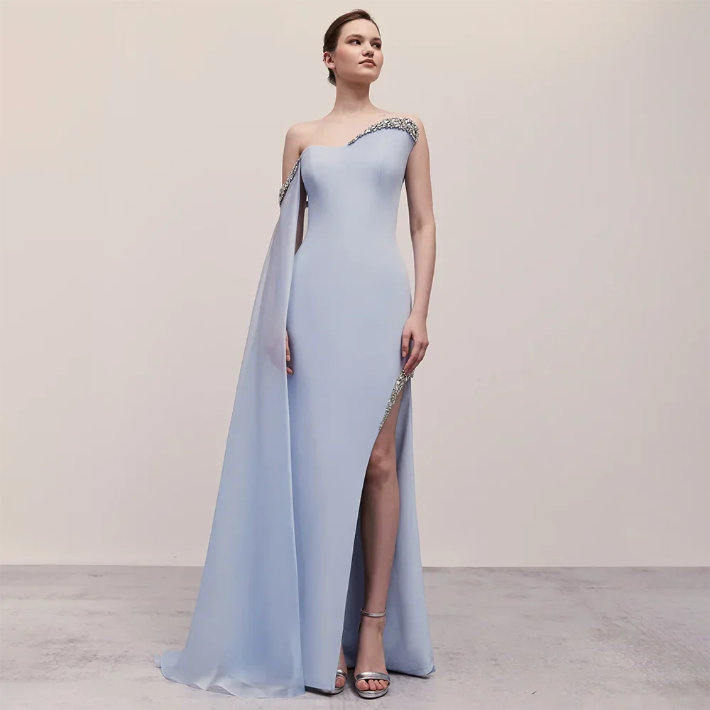Blue Satin Mermaid One Shoulder Elegant Cape Sleeve Beaded Evening Dress Women's Party Gown with High Split LA72504