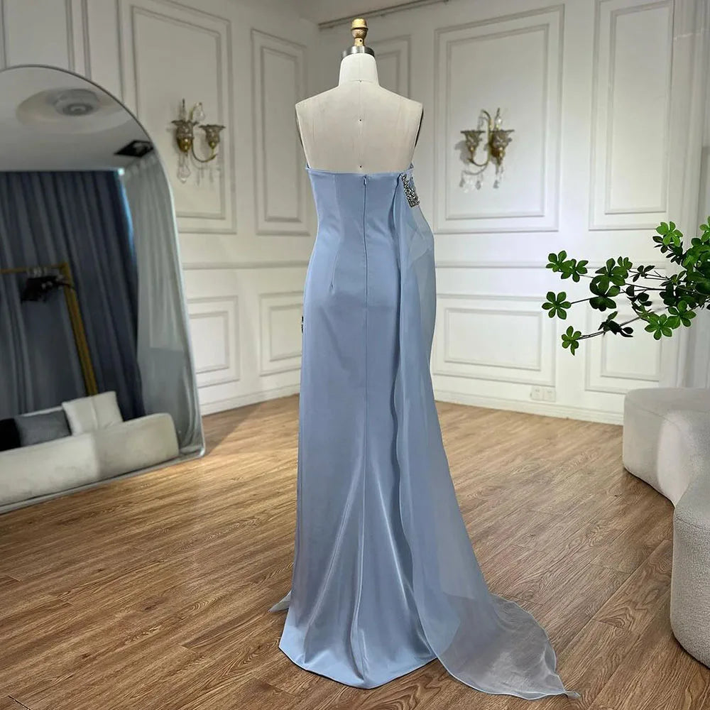 Blue Satin Mermaid One Shoulder Elegant Cape Sleeve Beaded Evening Dress Women's Party Gown with High Split LA72504