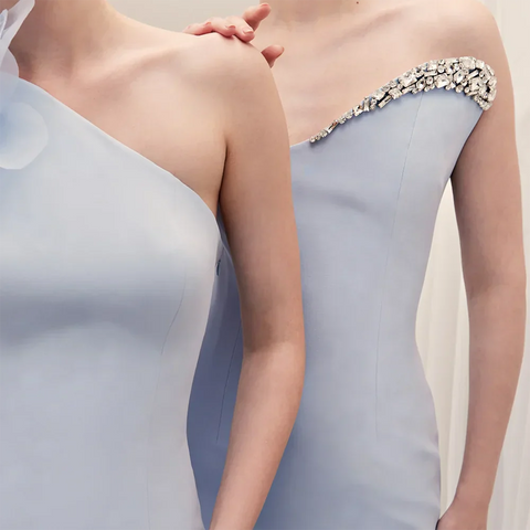 Blue Satin Mermaid One Shoulder Elegant Cape Sleeve Beaded Evening Dress Women's Party Gown with High Split LA72504