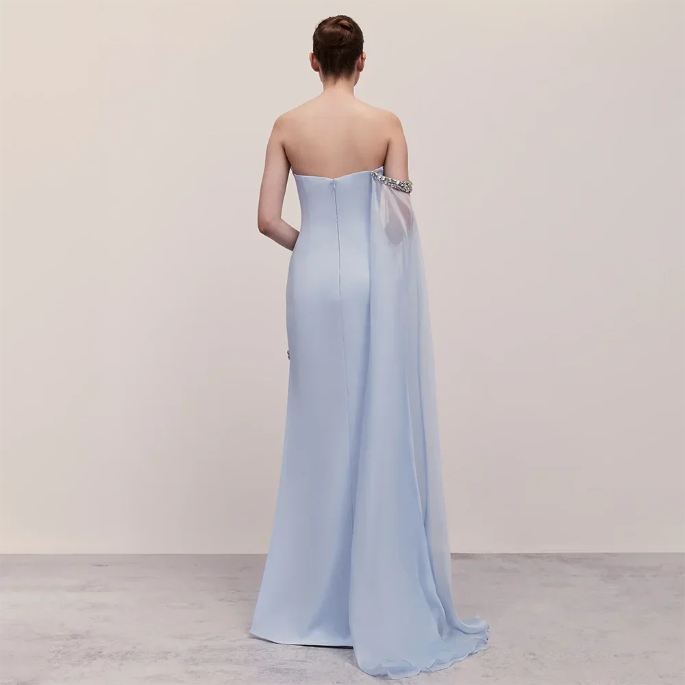 Blue Satin Mermaid One Shoulder Elegant Cape Sleeve Beaded Evening Dress Women's Party Gown with High Split LA72504