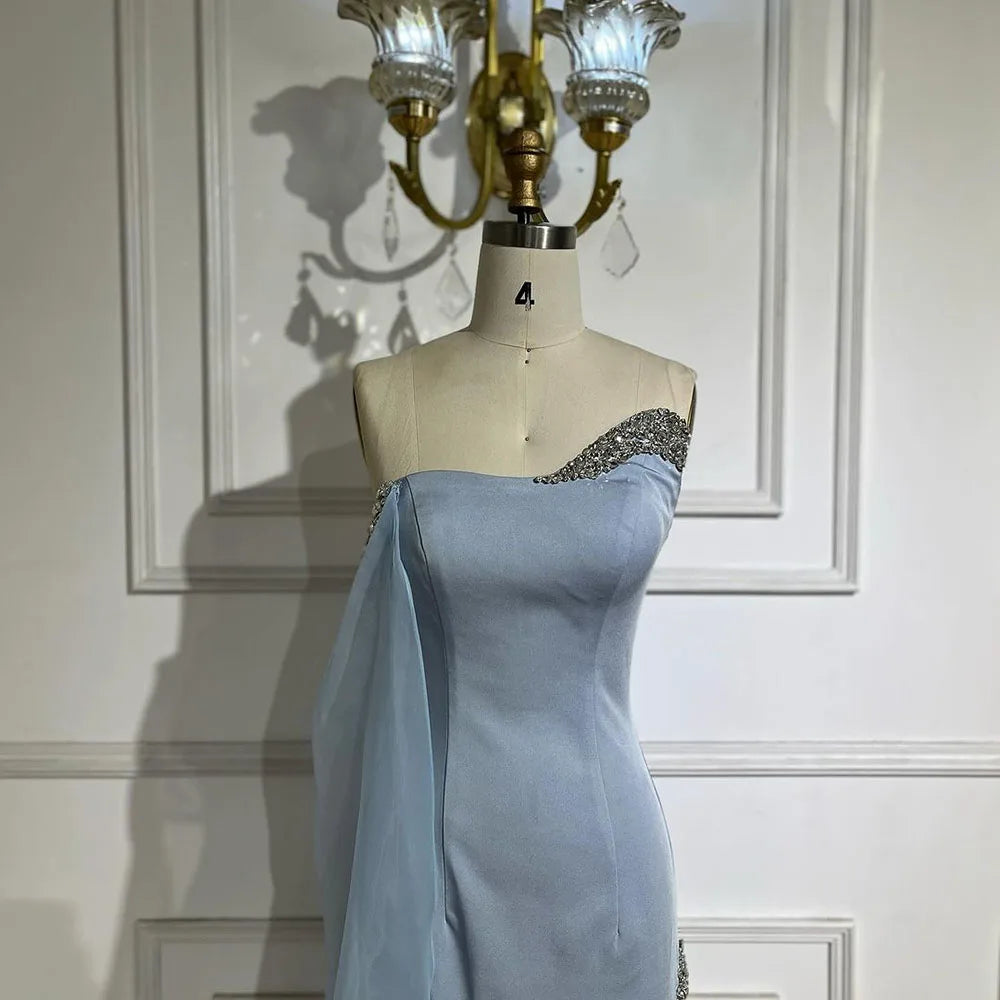 Blue Satin Mermaid One Shoulder Elegant Cape Sleeve Beaded Evening Dress Women's Party Gown with High Split LA72504