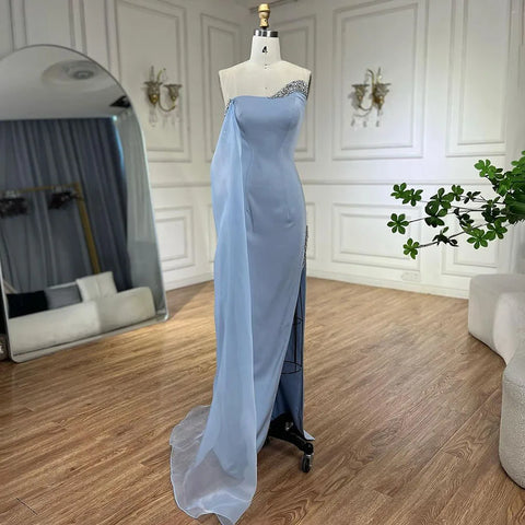 Blue Satin Mermaid One Shoulder Elegant Cape Sleeve Beaded Evening Dress Women's Party Gown with High Split LA72504