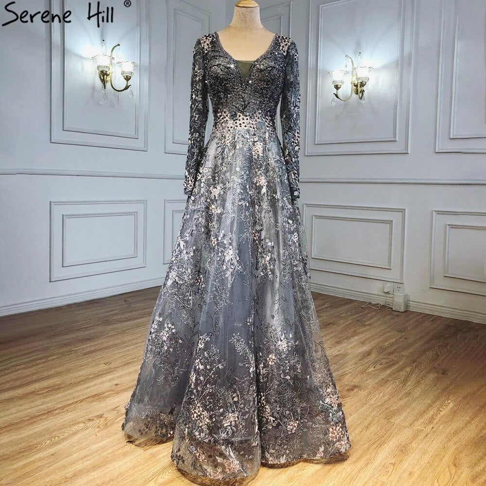 Elegant Long Sleeve Arabic Evening Dresses Luxury Dubai Plus Size LA71026