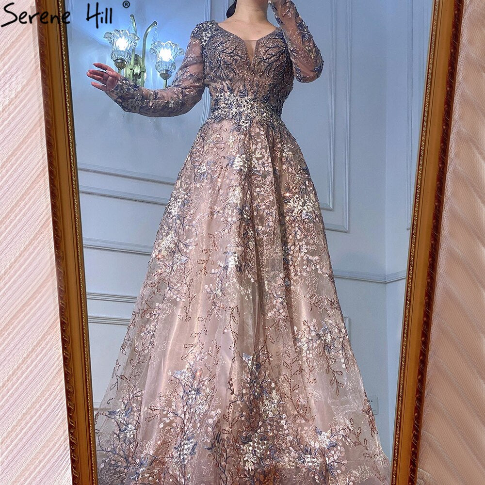 Elegant Long Sleeve Arabic Evening Dresses Luxury Dubai Plus Size LA71026