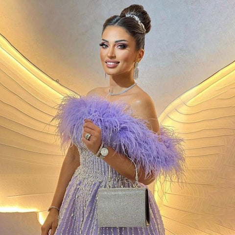 Sexy Off Shoulder A Line Feather Beaded Luxury Evening Dresses Gowns For Women Arabic Party 2025 LA71844