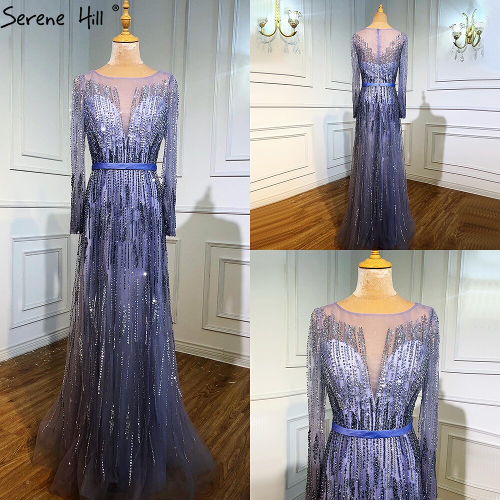 Gradient Luxury Evening Gowns  2025 Long Sleeves Beading Sparkle A-Line Formal Dress LA70323
