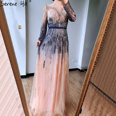 Vestidos de noche de lujo con degradado, manga larga, apliques de cuentas y brillo, corte A, vestido formal LA70323 