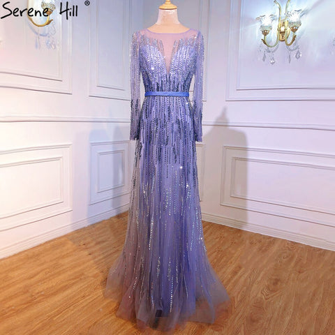 Vestidos de noche de lujo con degradado, manga larga, apliques de cuentas y brillo, corte A, vestido formal LA70323 