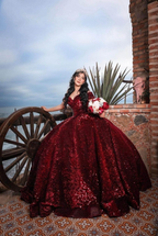 Vestido de gala brillante color burdeos con hombros descubiertos para quinceañera Y4264