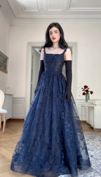 Vestido de fiesta azul marino corte A con apliques de encaje, elegante vestido de noche Y7830