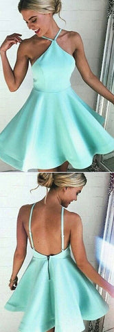 Vestidos cortos de fiesta de graduación, corte línea A, espalda descubierta, de satén, con escote halter.