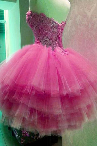 Pink A-line Sweetheart Strapless Lace Appliques Homecoming Dress Party Dresses