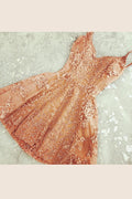 Robe de soirée corail simple courte à col en V avec applications de dentelle et perles 