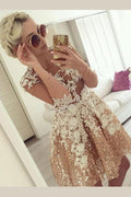 Robe de bal courte à manches mi-longues ornée de sequins et de perles, robe de soirée avec dos transparent et appliques