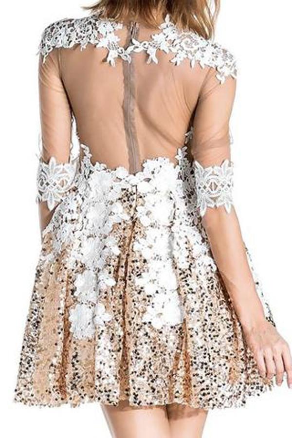 Robe de bal courte à manches mi-longues ornée de sequins et de perles, robe de soirée avec dos transparent et appliques