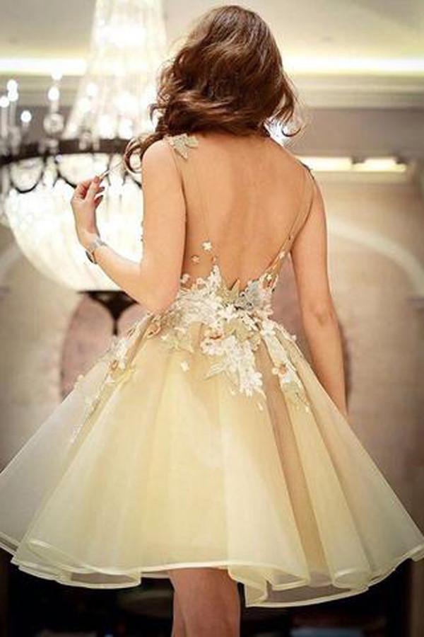 Robes de bal courtes élégantes en tulle, robe de soirée dos nu ornée d'appliqués