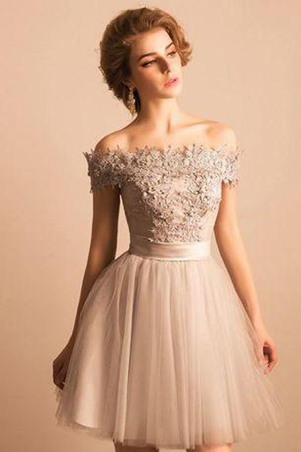 Robe de bal courte en tulle à épaules dénudées, robes de soirée à encolure ronde ornées d'appliques
