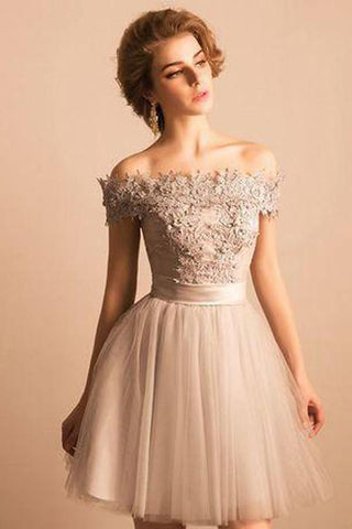 Off The Shoulder Tulle Short Prom Dress, Appliques Scoop Homecoming Dresses