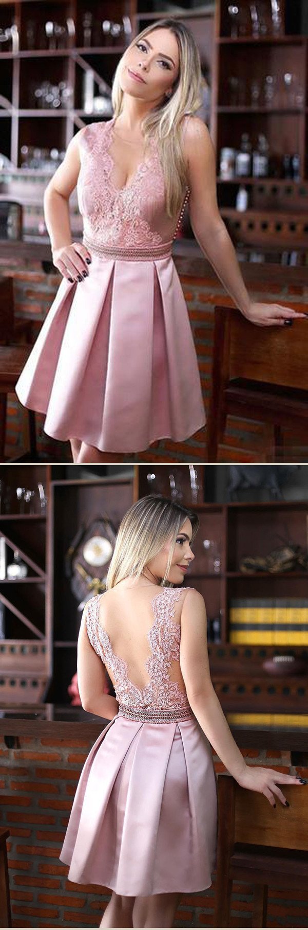 V Neck Short Prom Dresses, Appliques Homecoming Dress