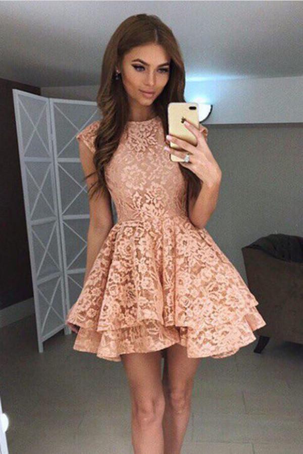 Coral Lace Puffy Appliques Short Prom Dress,Tiered Cheap Homecoming Dress