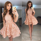 Coral Lace Puffy Appliques Short Prom Dress,Tiered Cheap Homecoming Dress