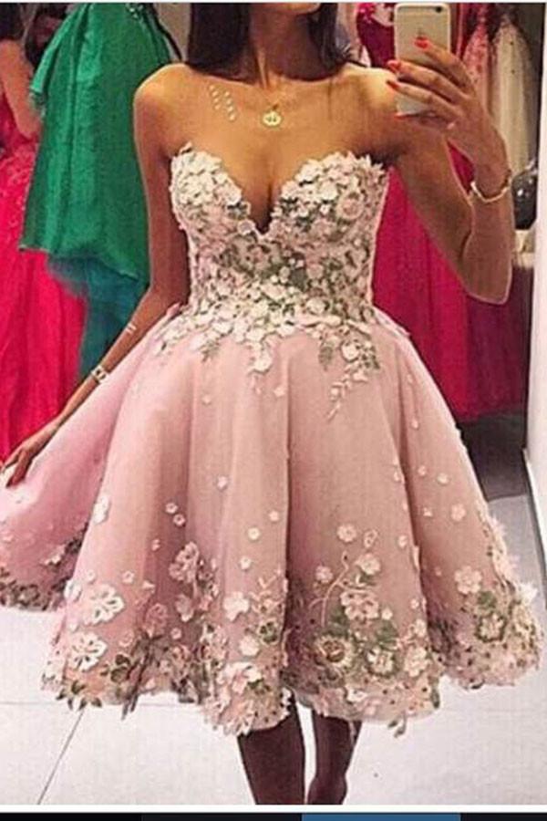 Vestidos de fiesta cortos sin tirantes con escote corazón y apliques de corte en A, vestidos de graduación cortos