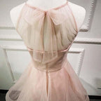 Robe de soirée rose en tulle transparent à col halter et lacets, adorable robe de bal